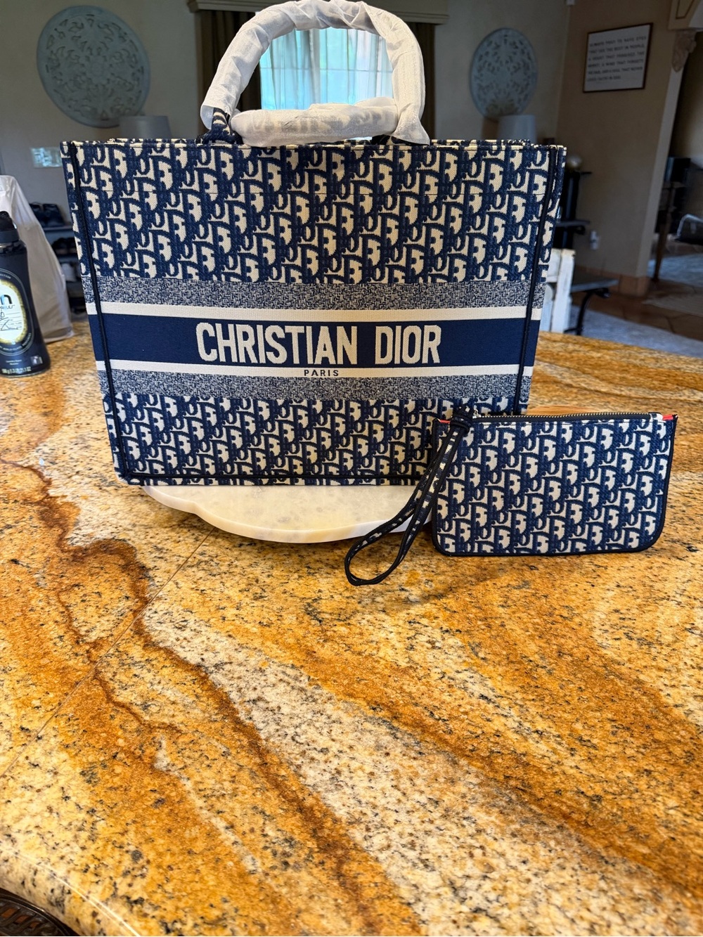 Dior Blue & Cream Book Tote with Matching Pouch